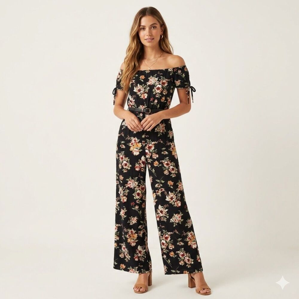 Xhilaration Gloral Off The Shoulder Wide Leg Pantsuit Romper Boho Chic SZ S